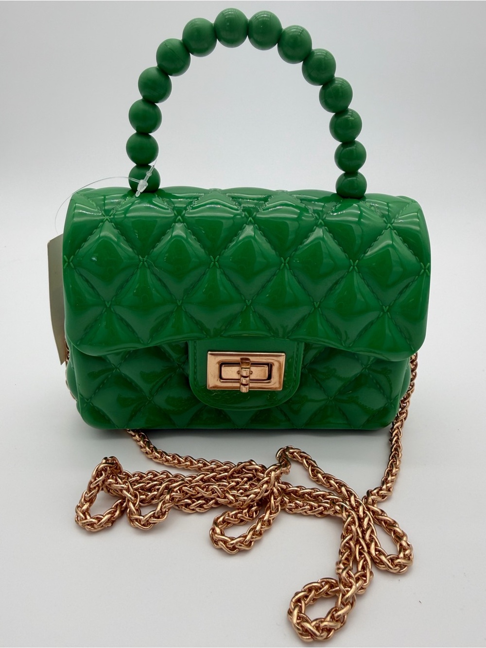 Green Quilted Top-Handle Crossbody Bag with Gold Chain